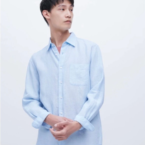 UNIQLO 100% Linen Light Blue Button Down Long Sleeve Shirt W/Front Pocket Sz L - Picture 1 of 8